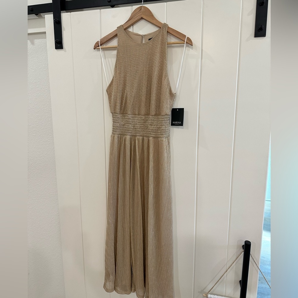 MARINA Gold Sleeveless Midi Dress